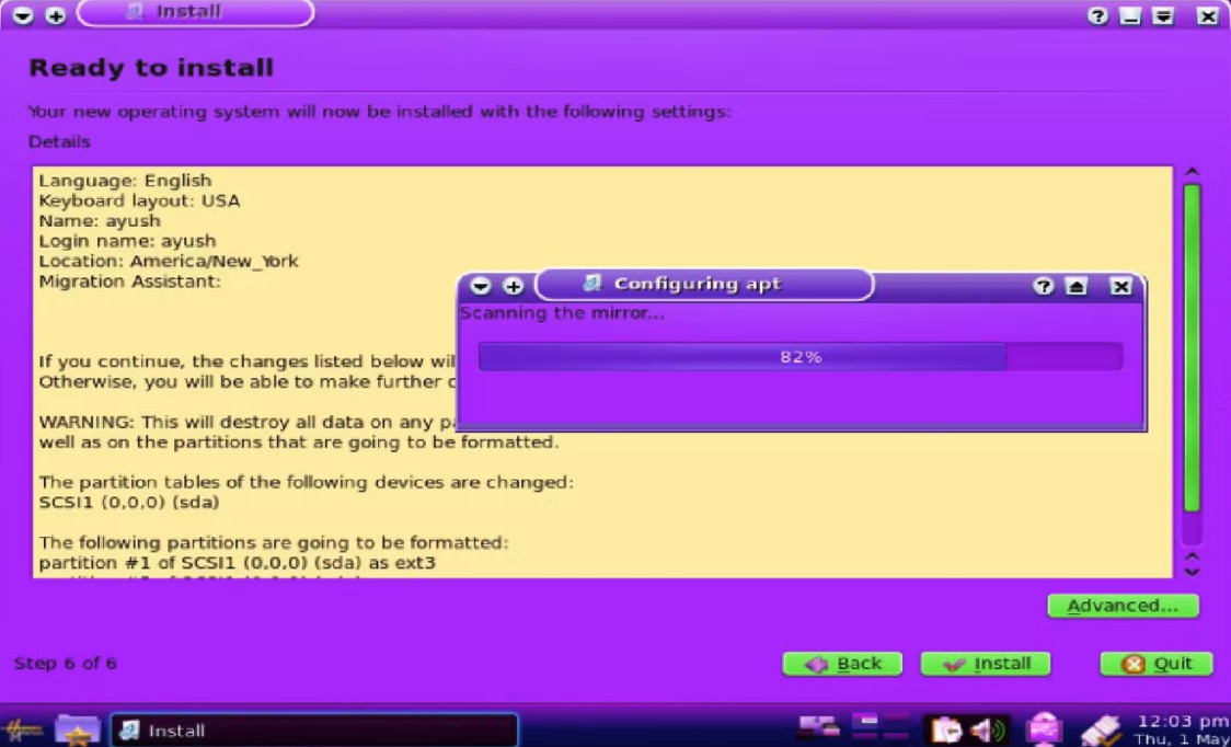 Hannah Montana Linux Ubiquity installer — Step 6 of 6 ready to install screen with Configuring apt dialog at 82%