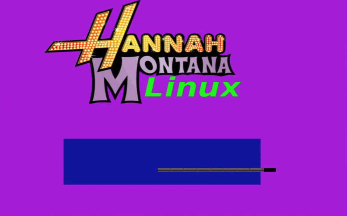 Hannah Montana Linux Plymouth boot splash — purple background with the Hannah Montana logo and a blue progress bar