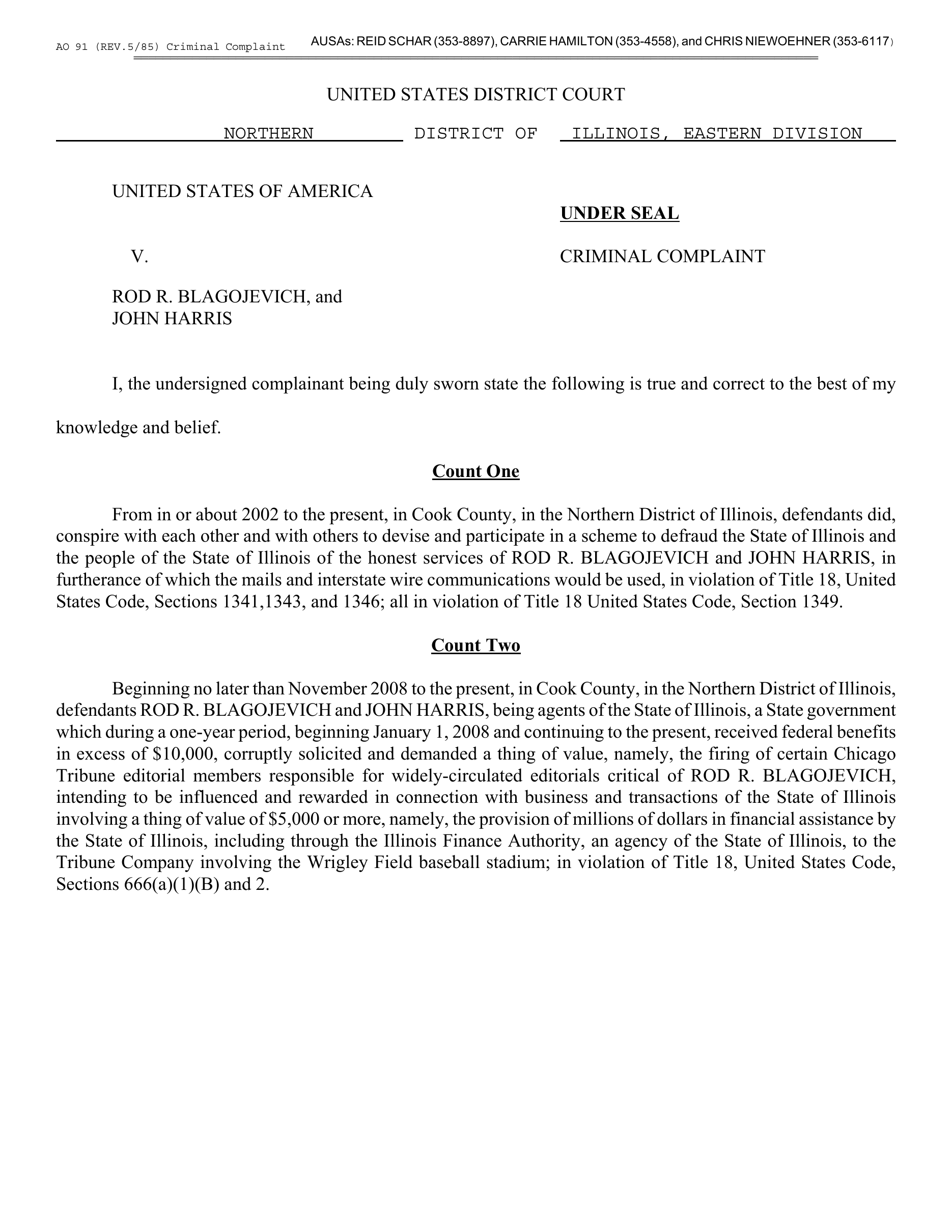 Cover page of the sealed criminal complaint, United States v. Rod R. Blagojevich and John Harris, filed December 7, 2008 in the U.S. District Court for the Northern District of Illinois, Eastern Division, listing Count One (honest-services mail and wire fraud conspiracy) and Count Two (corrupt solicitation)