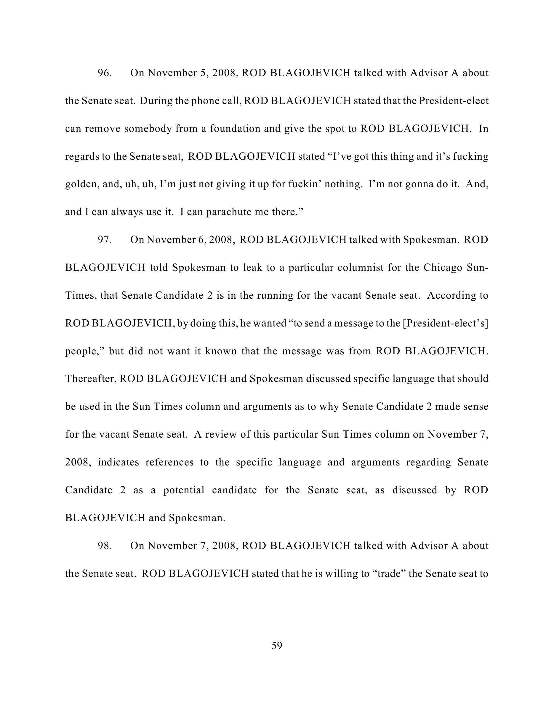Page 59 of the FBI criminal complaint against Rod Blagojevich, containing paragraph 96, describing a November 5, 2008 phone call in which Blagojevich told an advisor about the Senate seat, 'I've got this thing and it's fucking golden, and, uh, uh, I'm just not giving it up for fuckin' nothing. I'm not gonna do it. And, and I can always use it. I can parachute me there.'