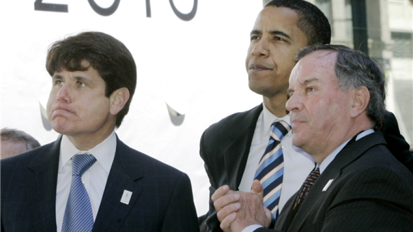 Rod Blagojevich stands alongside then-Senator Barack Obama and another public official at a campaign event