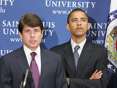 Rod Blagojevich and Barack Obama appear together at a podium event at Saint Louis University