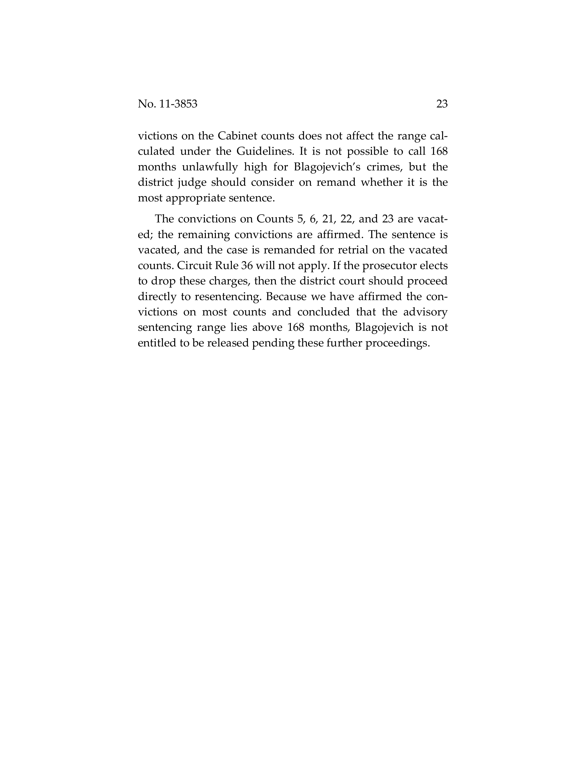 Final page of the Seventh Circuit's 2015 opinion, ordering that convictions on Counts 5, 6, 21, 22, and 23 are vacated, the remaining convictions are affirmed, and the case is remanded, with the sentence of 168 months not unlawfully high for the remaining offenses