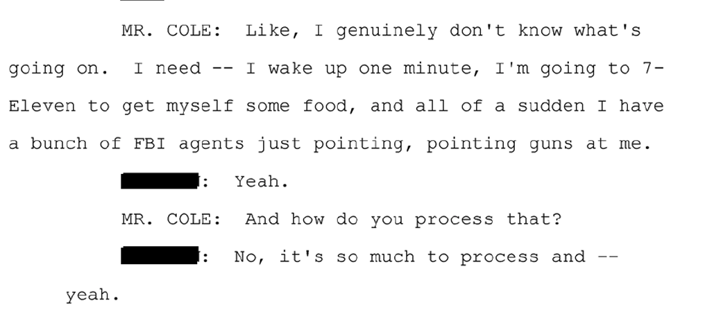 Excerpt from the FBI interrogation transcript in which Cole says he genuinely doesn't know what's going on, that one minute he was going to 7-Eleven to get food and all of a sudden a bunch of FBI agents were pointing guns at him, and asks how he is supposed to process that, while a redacted agent replies that it's so much to process
