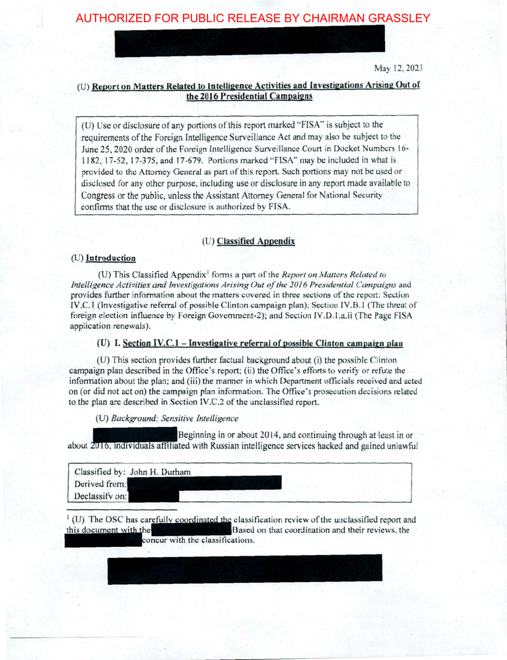 Cover page of the declassified classified appendix to the Durham report, stamped Authorized For Public Release By Chairman Grassley, dated May 12, 2023