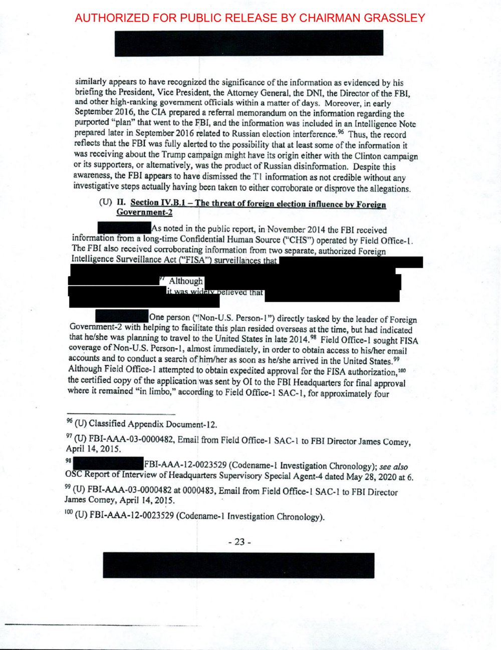 Page 23 of the declassified Durham annex, describing the FBI's November 2014 receipt of information about a threat from Foreign Government-2 and the resulting FISA delay