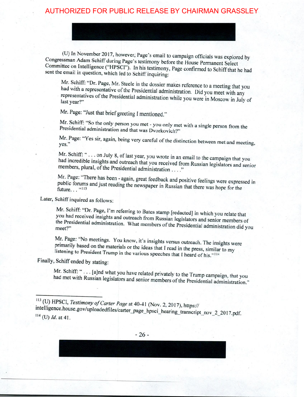 Page 26 of the declassified Durham annex, showing a transcript excerpt of Congressman Adam Schiff questioning Carter Page about his July 2016 Moscow trip
