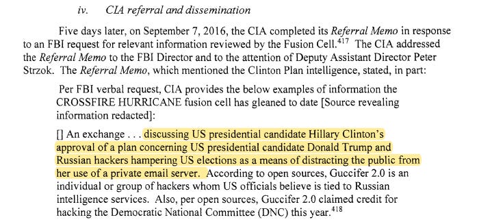 Excerpt from the Durham report describing the CIA's September 7, 2016 referral memo to the FBI Director and Peter Strzok about the Clinton Plan intelligence