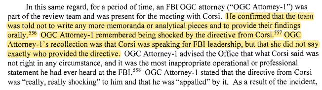 Excerpt from the Durham report describing an FBI OGC attorney's account of being told not to write memoranda and instead provide findings orally, following a meeting involving Corsi