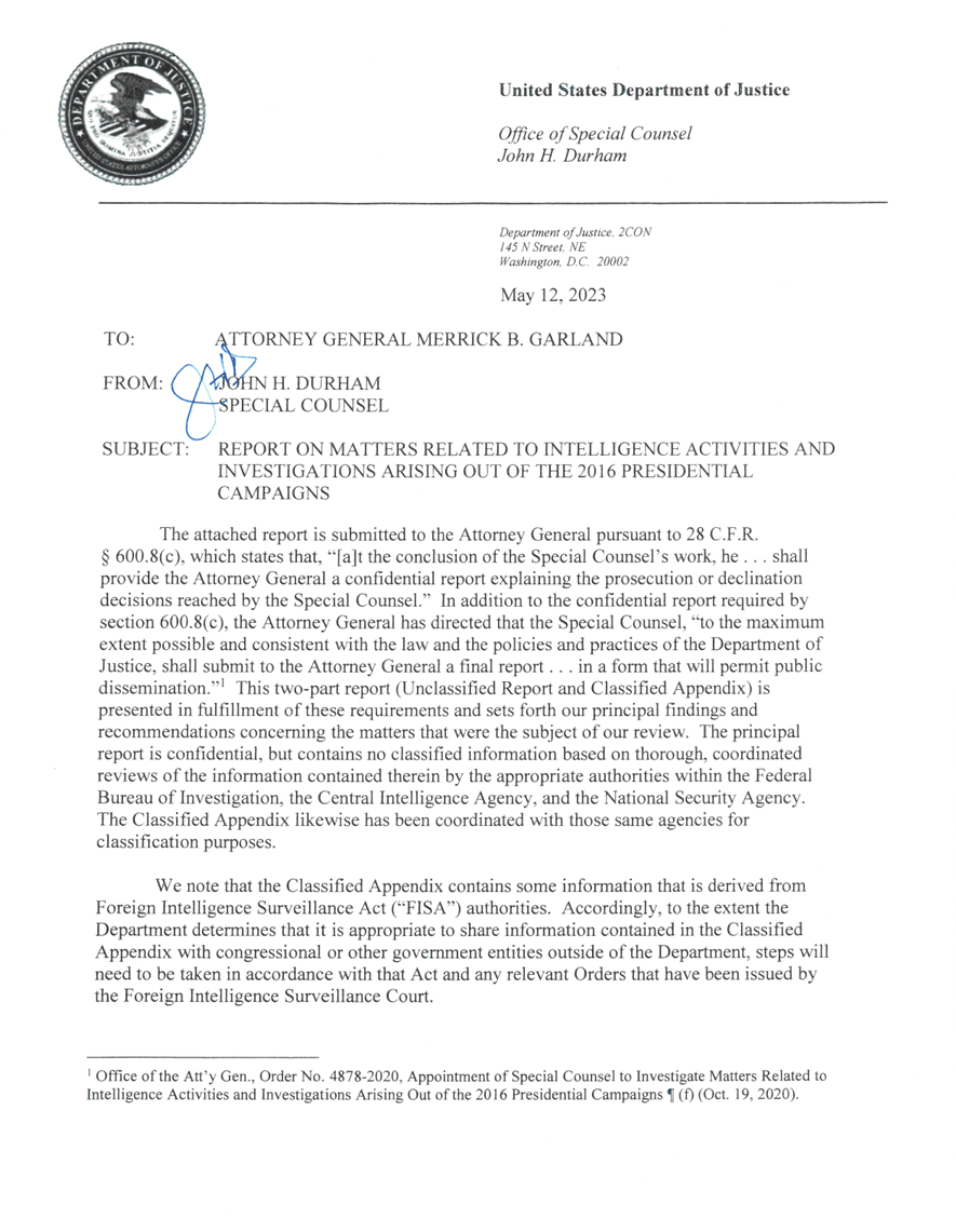 The transmittal memo for the Durham report, dated May 12, 2023, addressed to Attorney General Merrick Garland and signed by Special Counsel John H. Durham