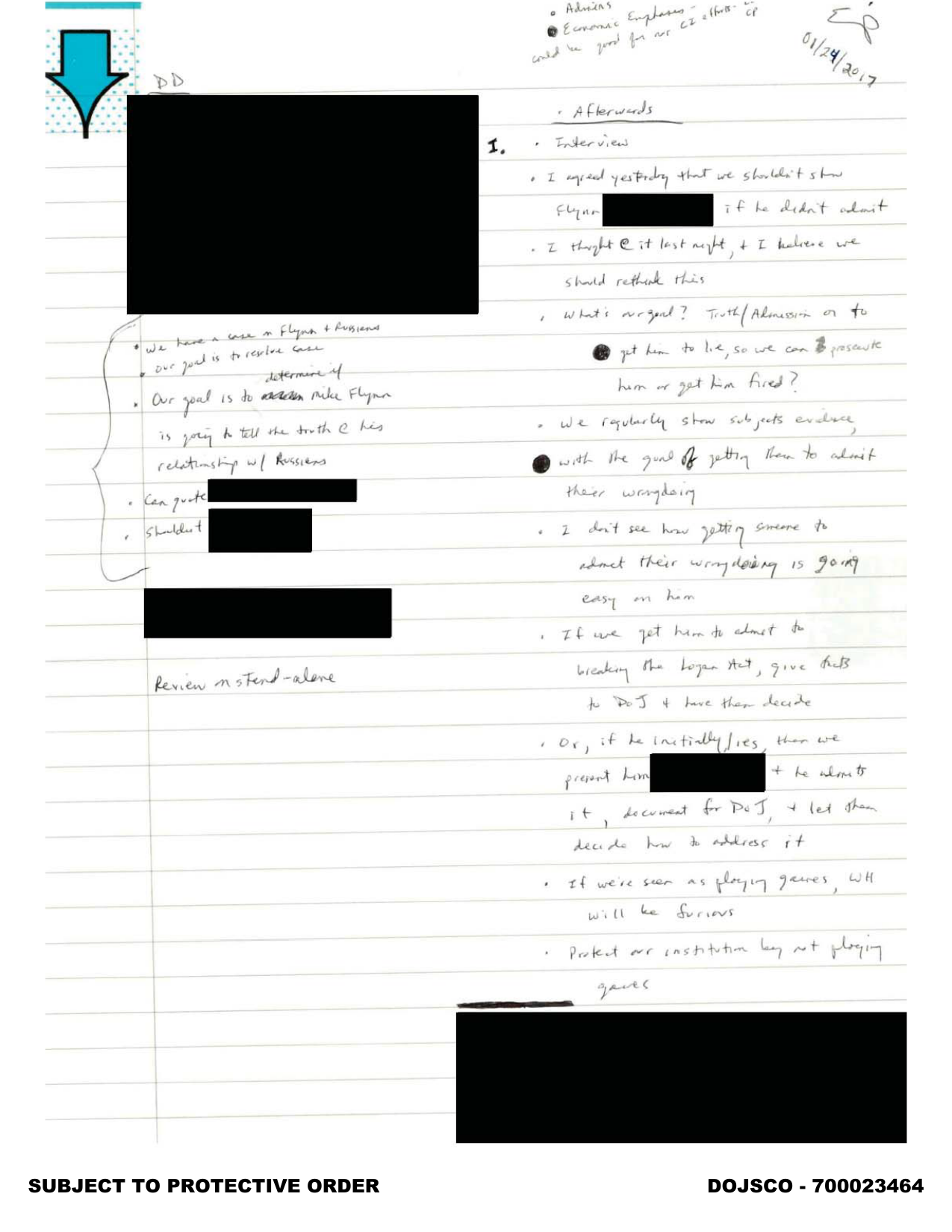 Handwritten notes dated 1/24/2017, headed 'Afterwards,' discussing the goal of the Flynn interview: 'Truth/Admission or to get him to lie, so we can prosecute him or get him fired?' and weighing what to do if Flynn initially lies or admits to breaking the Logan Act