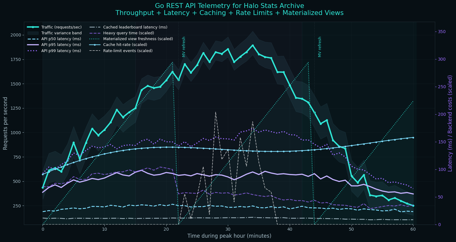 Go REST API Telemetry showing throughput, latency, caching, rate limits, and materialized views over a 60-minute peak hour