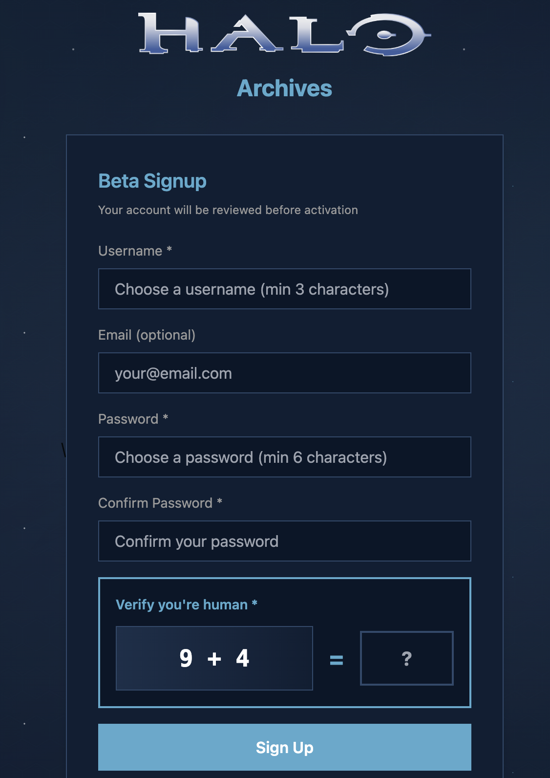 HaloArchives Beta Signup page with username, email, password fields and human verification
