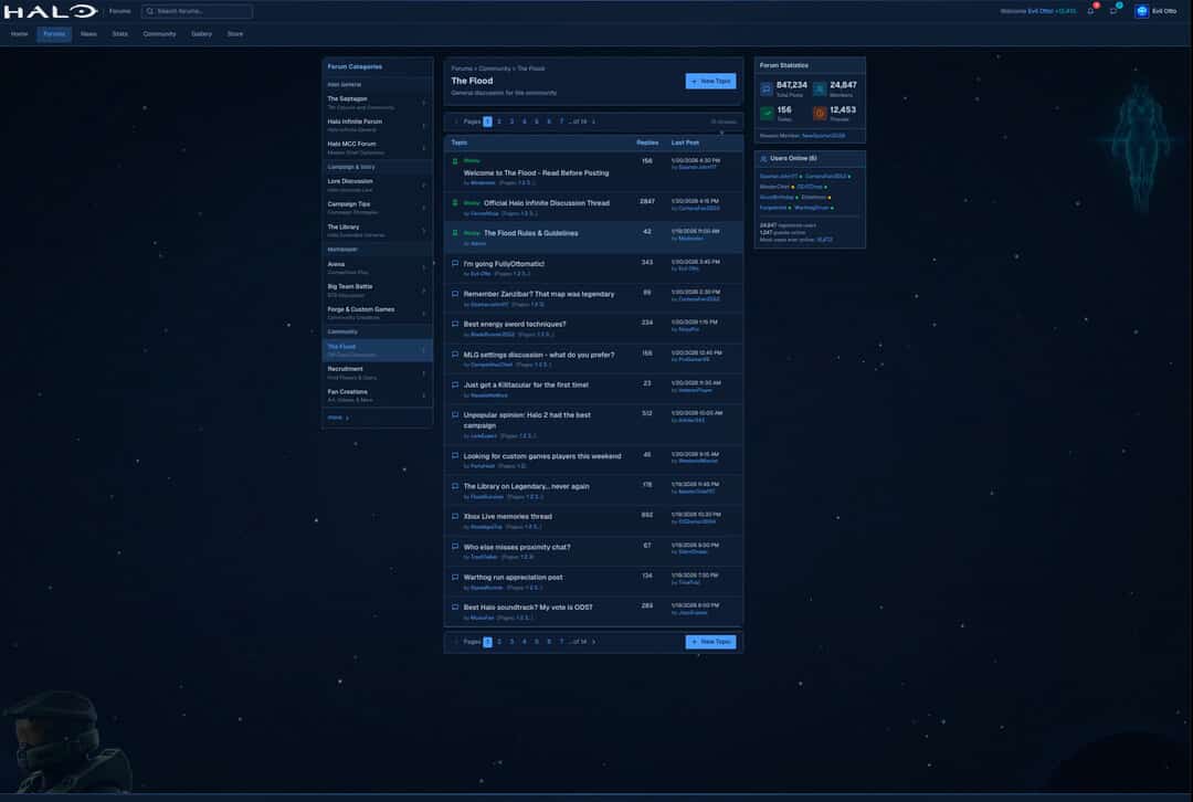 HaloArchives Community Forums showing The Flood discussion section with various threads and forum statistics