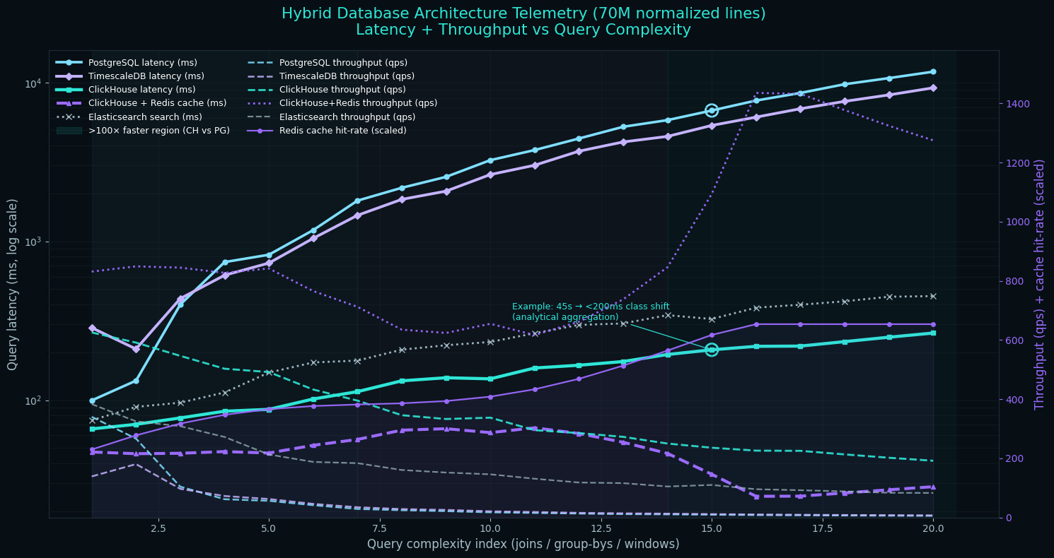 Hybrid Database Architecture Telemetry showing latency and throughput vs query complexity across PostgreSQL, TimescaleDB, ClickHouse, and Elasticsearch