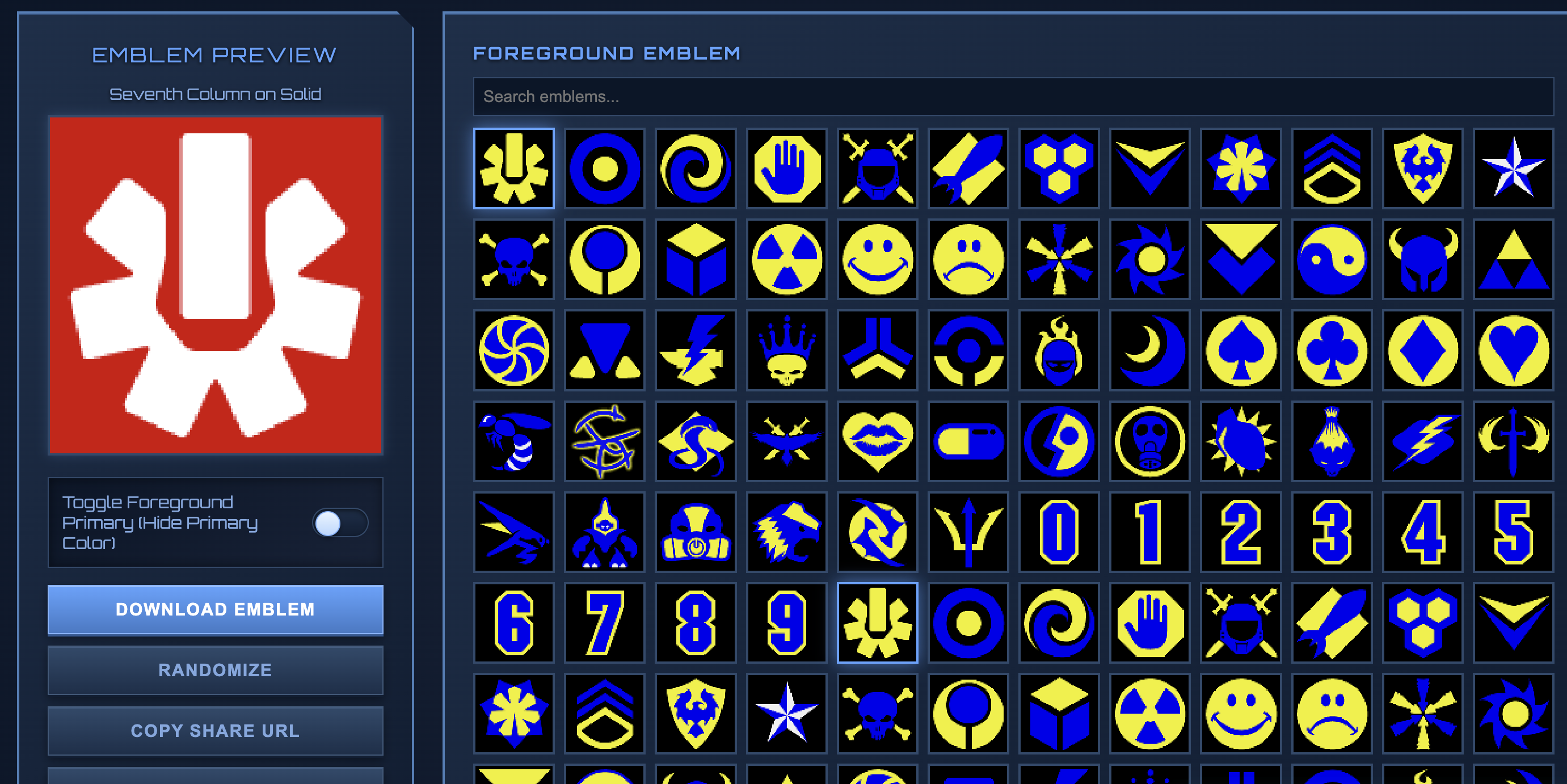 HaloArchives Emblem Generator showing foreground emblem selection