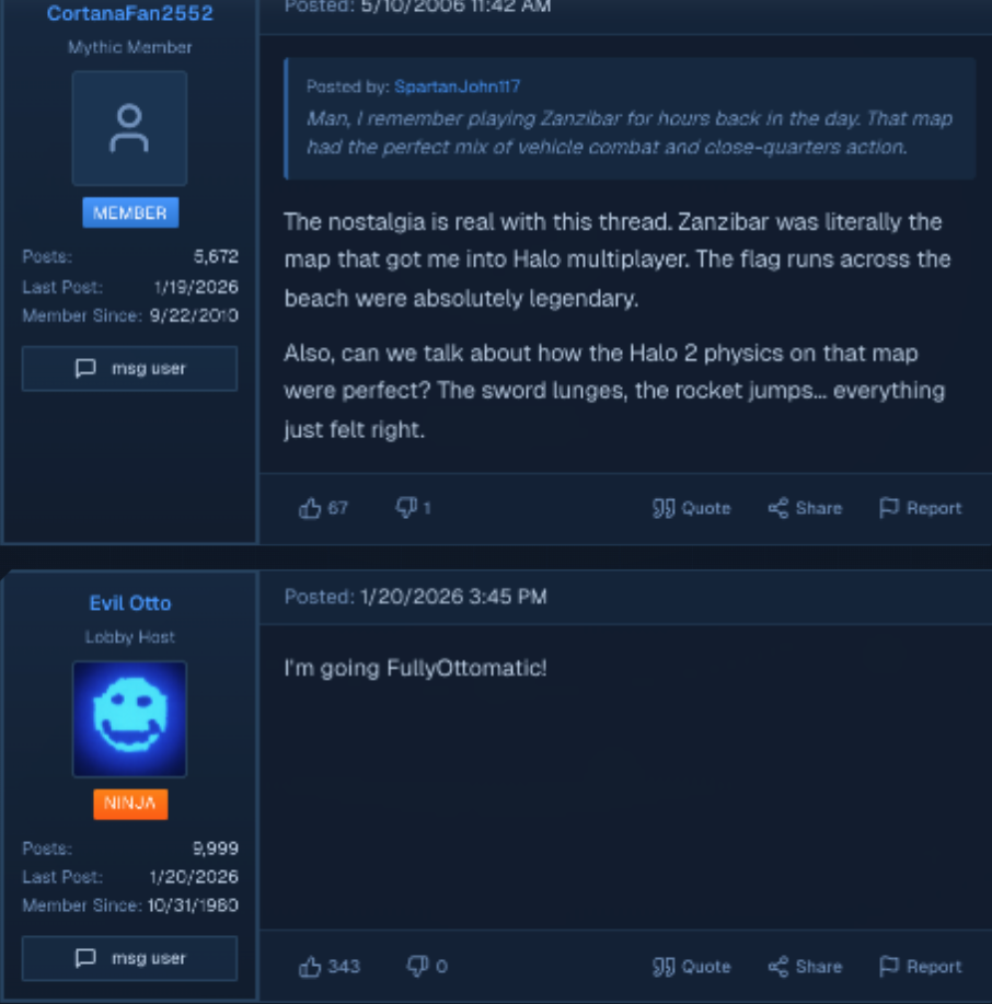 Forum posts showing community members discussing Zanzibar nostalgia and Evil Otto posting
