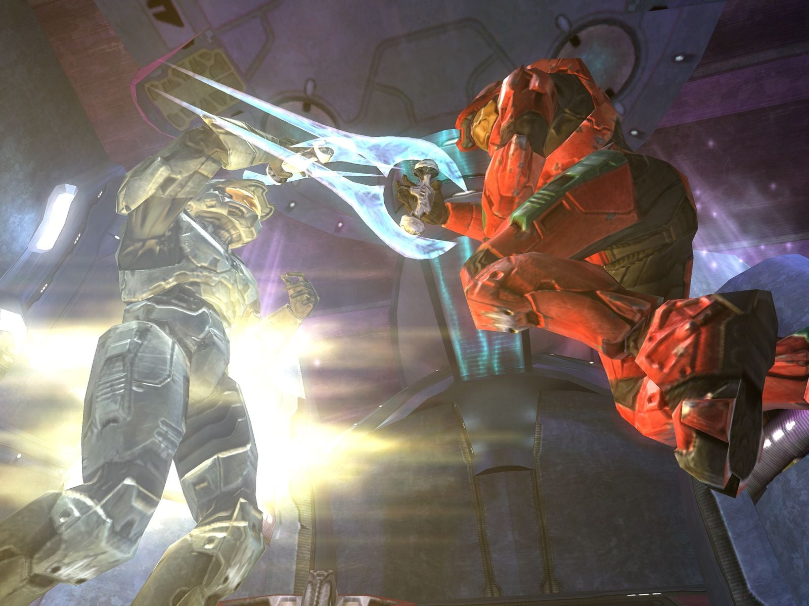 Two Spartans clash with Energy Swords in classic Halo 2 multiplayer combat