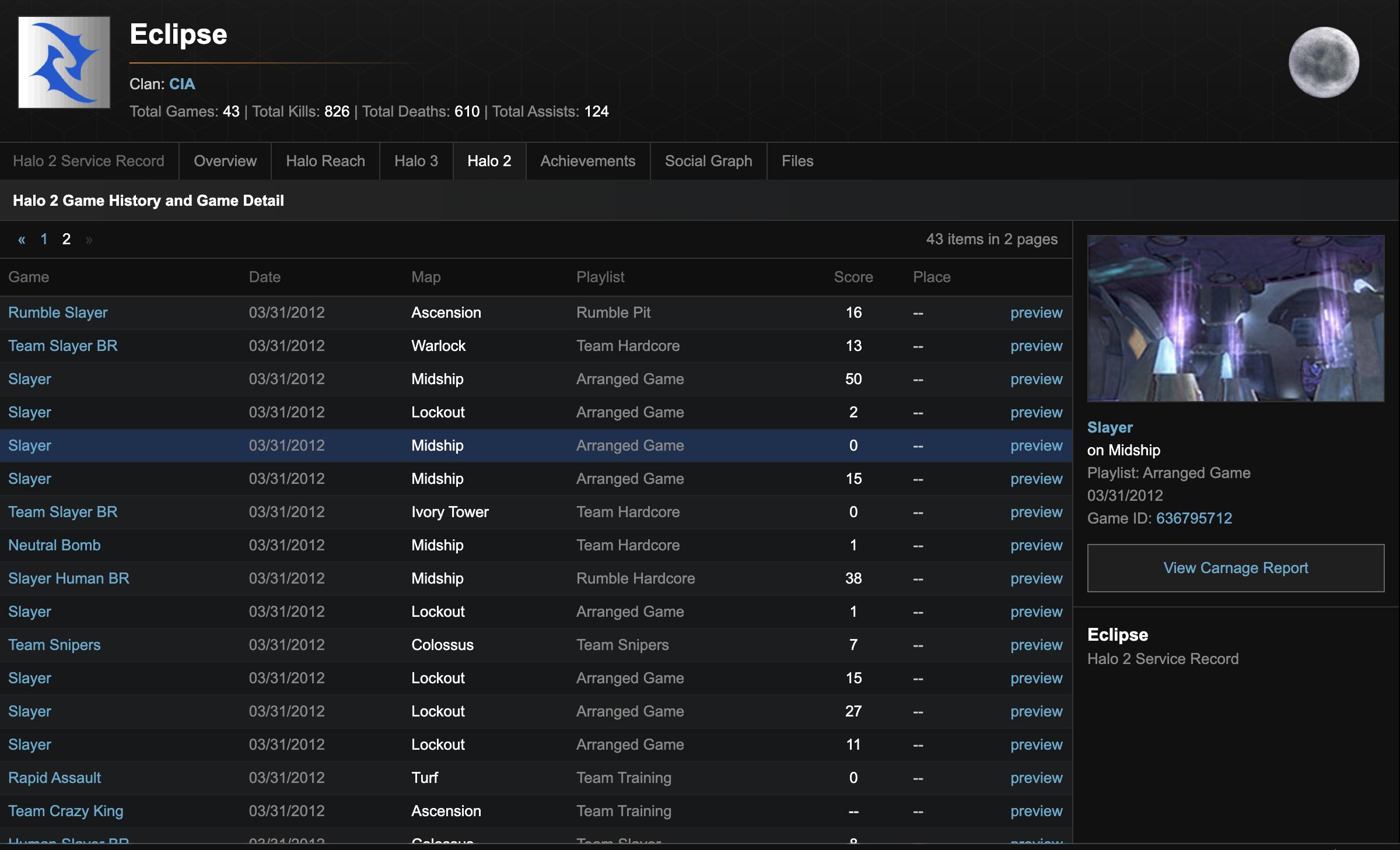 HaloArchives Player Profile showing Halo 2 match history
