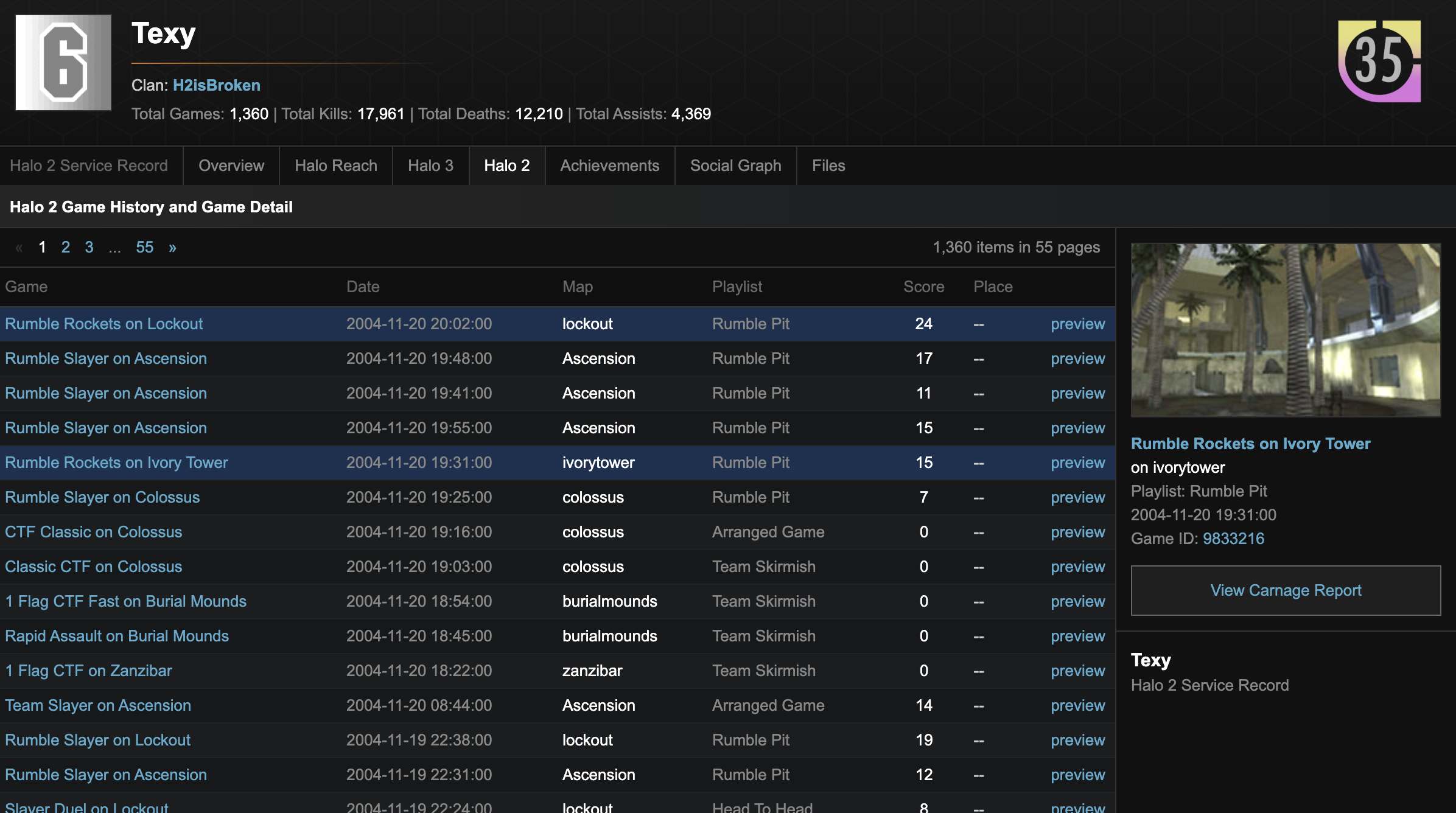 Texy player profile showing the level 35 rank badge