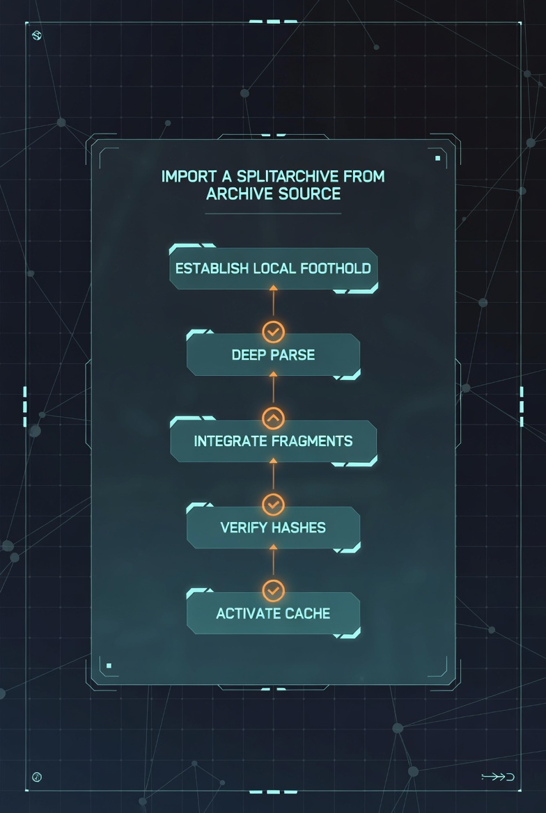 SplitArchive import process diagram showing the five-step pipeline: Establish Local Foothold, Deep Parse, Integrate Fragments, Verify Hashes, and Activate Cache