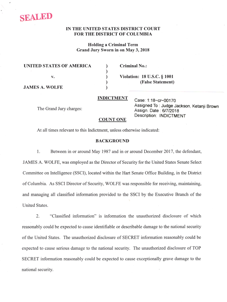 First page of the sealed federal indictment of James A. Wolfe, former Director of Security for the Senate Select Committee on Intelligence, charged with false statements under 18 U.S.C. 1001, case 1:18-cr-00170
