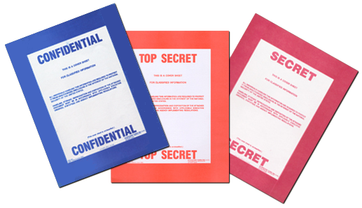 Sample cover sheets for Confidential, Top Secret, and Secret classified information
