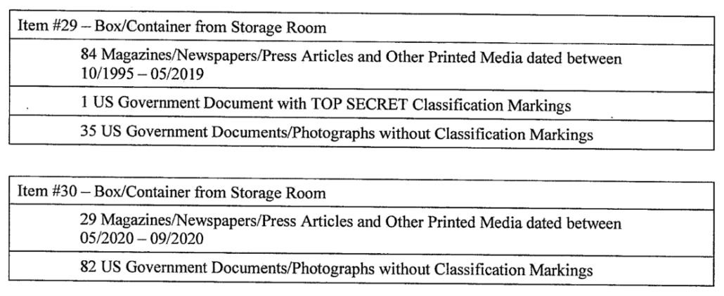 FBI property receipt listing Item 29 and Item 30, boxes from the storage room containing magazines, a US government document with Top Secret classification markings, and other government documents