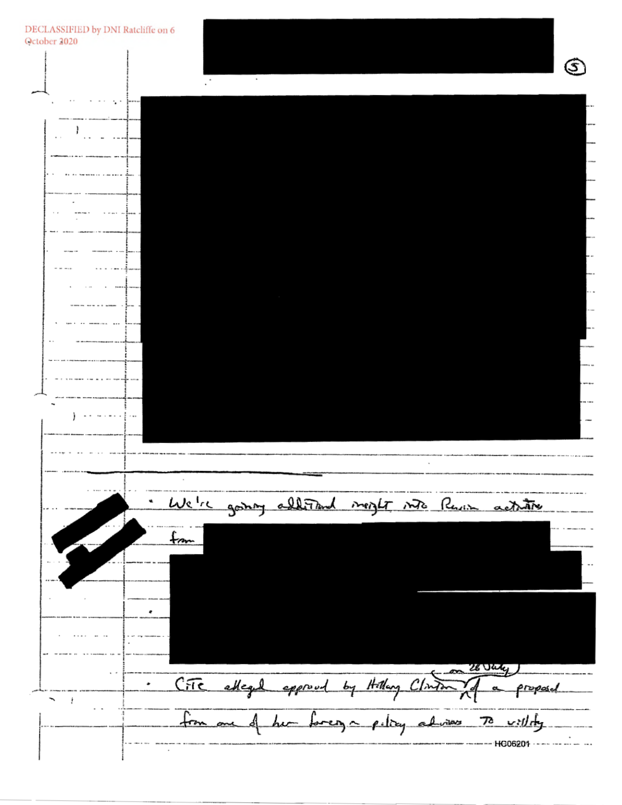 Handwritten notes taken by then-CIA Director John Brennan, declassified by DNI Ratcliffe on 6 October 2020, page 5, citing intelligence that Hillary Clinton allegedly approved on 28 July a proposal from one of her foreign policy advisers to vilify