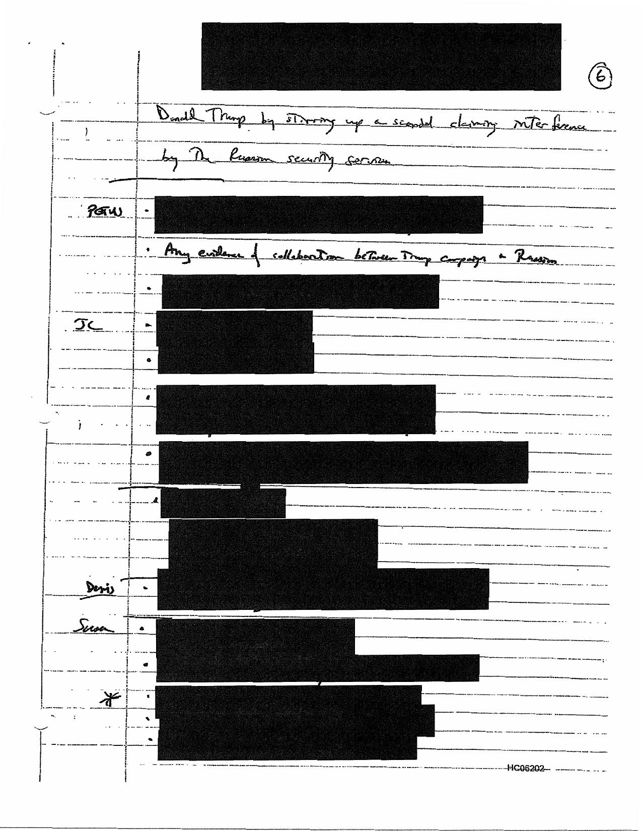Handwritten notes taken by then-CIA Director John Brennan, declassified by DNI Ratcliffe on 6 October 2020, page 6, continuing the allegation that Hillary Clinton approved a proposal to vilify Donald Trump by stirring up a scandal about Russian security services interference, and a list of questions about evidence of collaboration between the Trump campaign and Russia, with initials for FBI Director James Comey and other officials