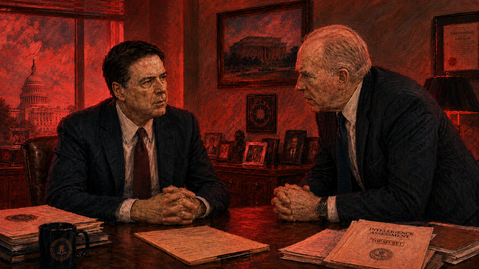 Illustration of FBI Director James Comey and CIA Director John Brennan in a tense conversation across a desk covered in intelligence files, with a CIA seal visible on the wall behind Brennan and the Capitol dome visible through the window behind Comey