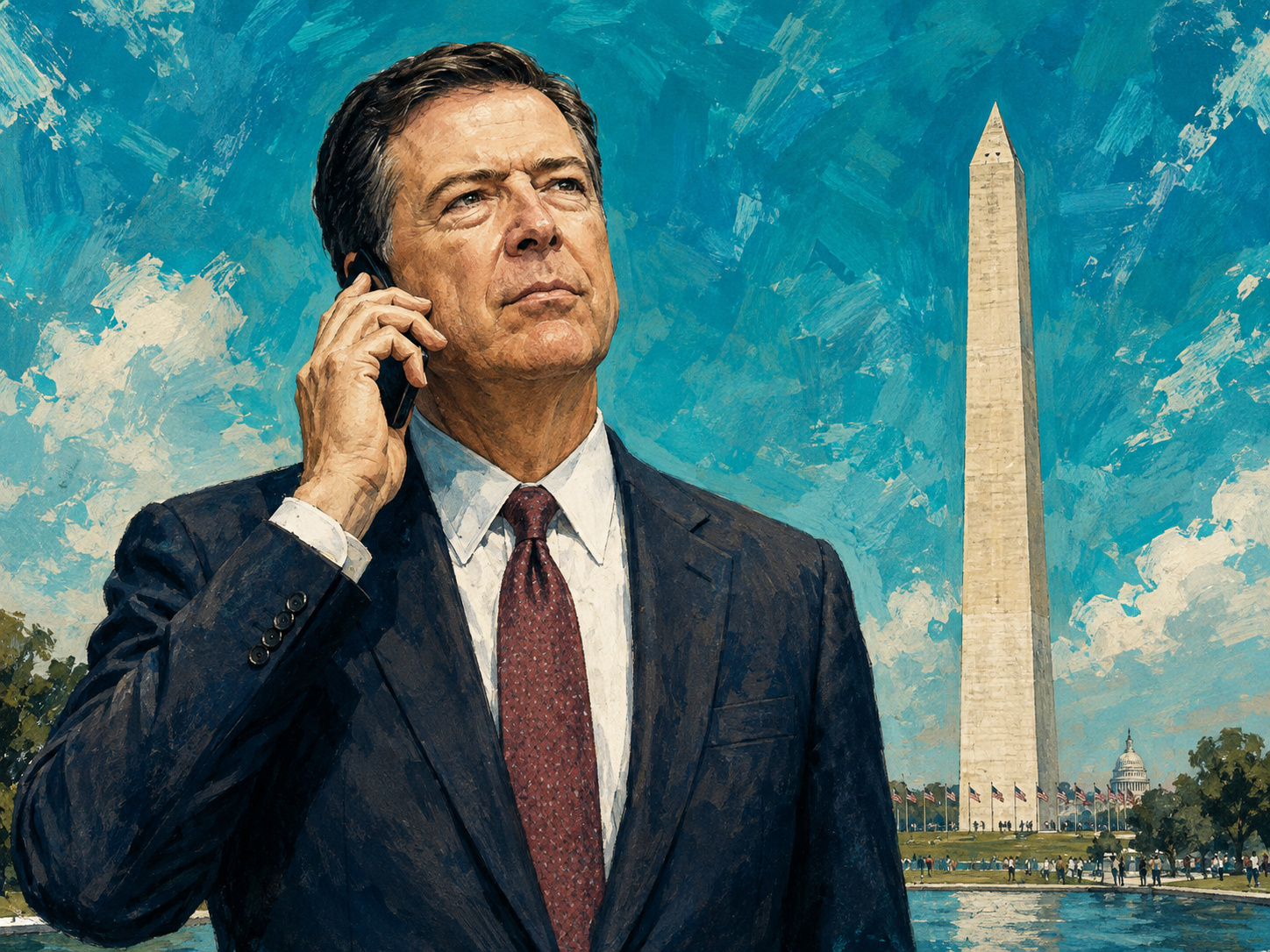 Illustration of James Comey on the phone with the Washington Monument and Capitol dome visible behind him