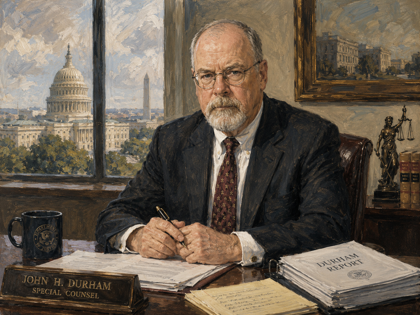 Illustration of Special Counsel John H. Durham at his desk in Washington, D.C., signing a copy of the Durham Report, with the Capitol and Washington Monument visible through the window behind him