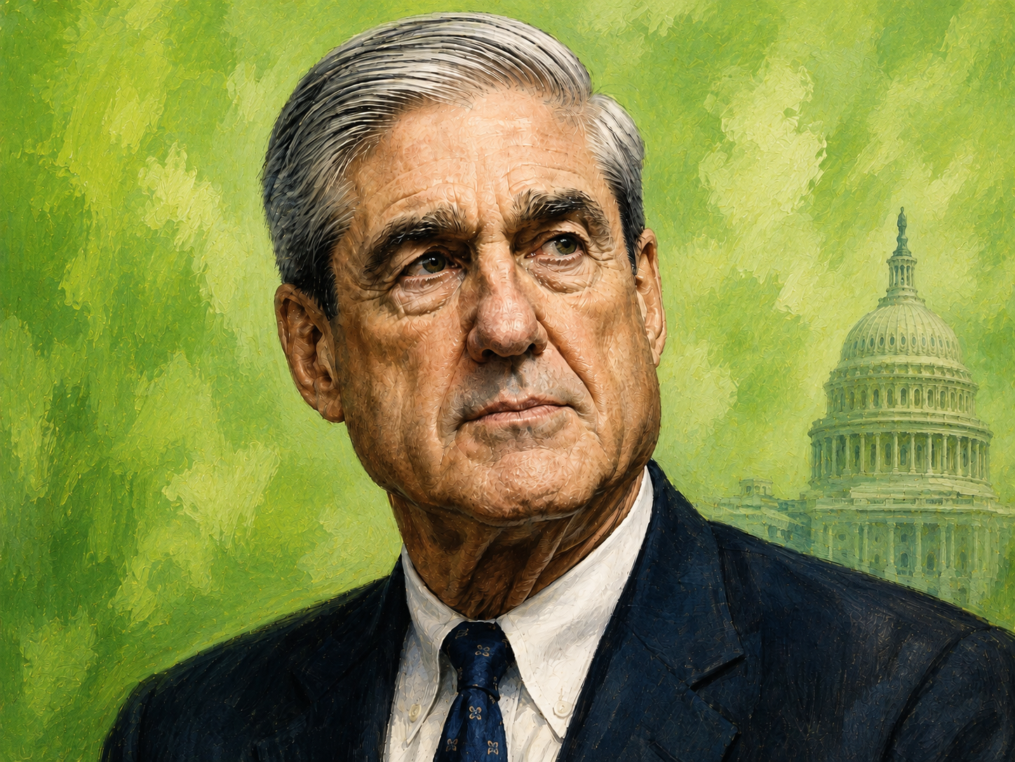 Illustration portrait of Robert Mueller with the U.S. Capitol dome faintly visible in the background