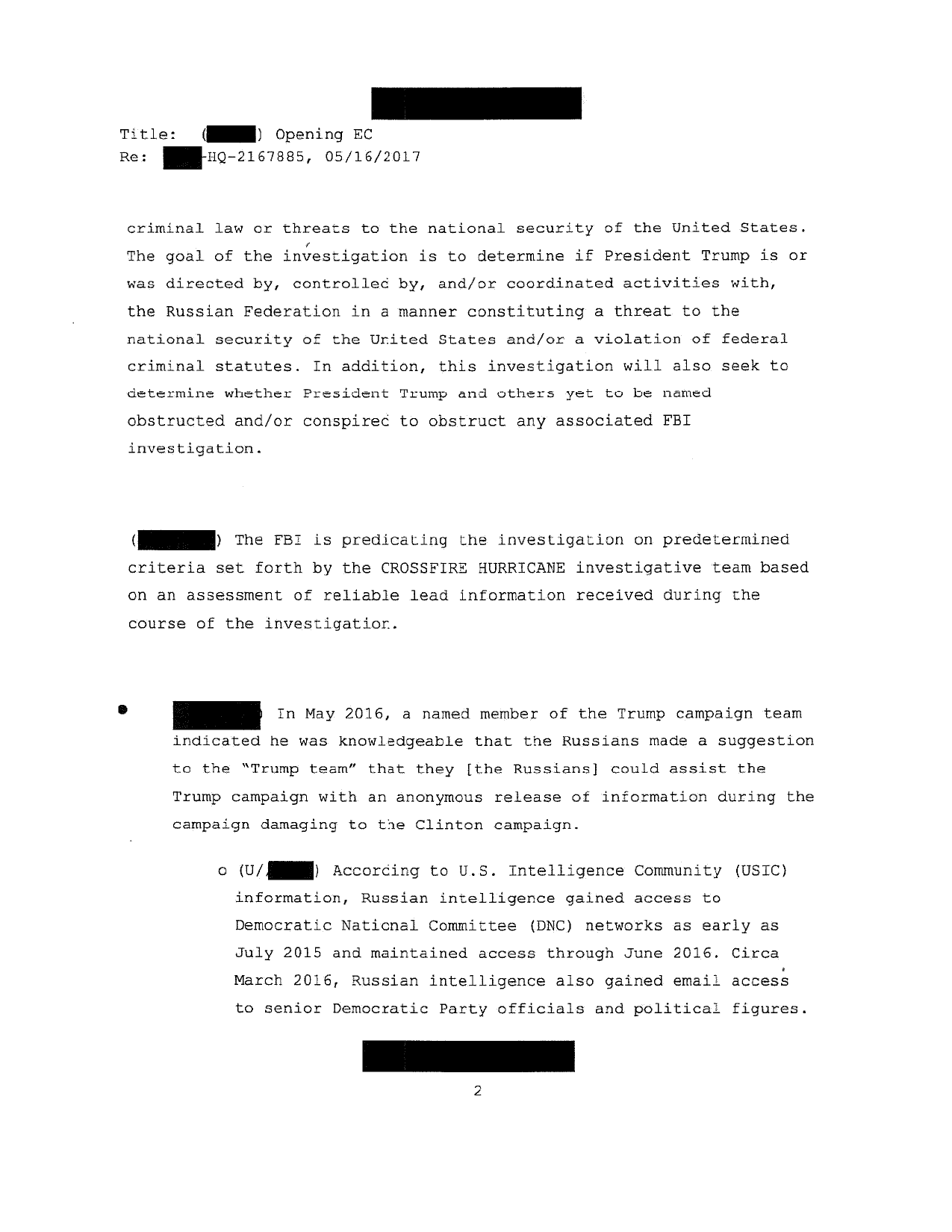 Page 2 of the OXFERD COMMA opening EC, describing the goal of the investigation and citing a May 2016 report that a named member of the Trump campaign team knew Russia had offered to help the campaign with an anonymous release of information damaging to the Clinton campaign, plus intelligence community assessments on Russian access to DNC networks