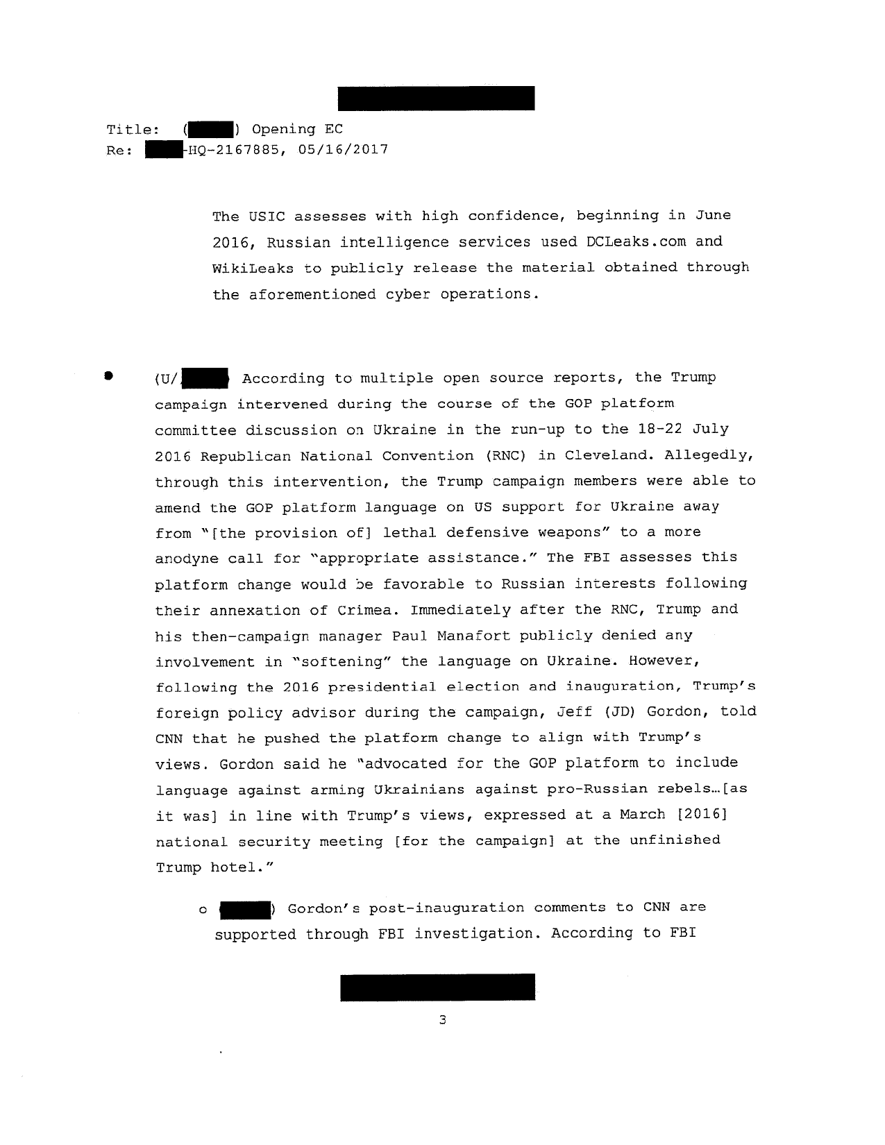 Page 3 of the OXFERD COMMA opening EC, describing the Trump campaign's role in softening the 2016 Republican National Convention platform language on providing lethal defensive weapons to Ukraine, including a later admission by campaign foreign policy adviser J.D. Gordon that he pushed the change to align with Trump's views