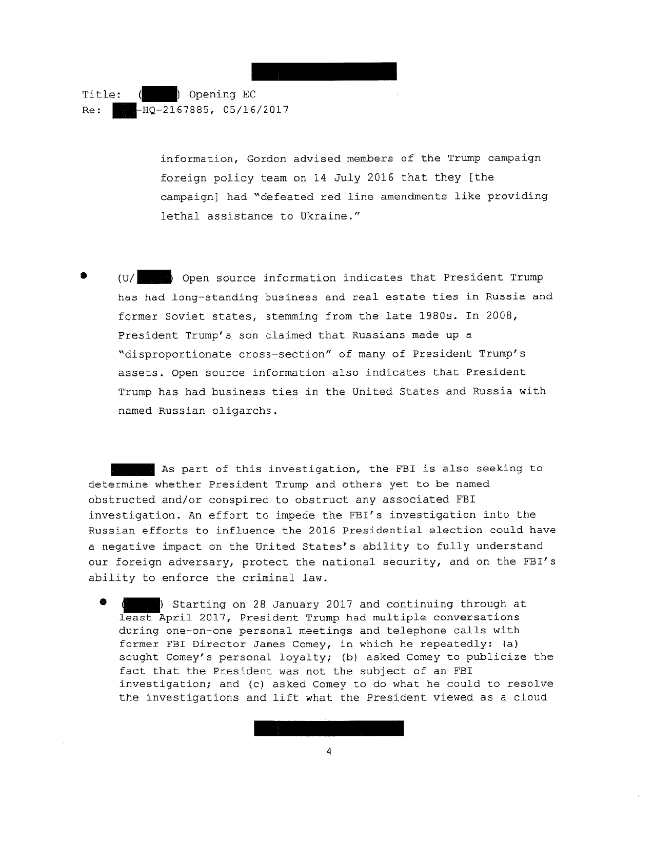 Page 4 of the OXFERD COMMA opening EC, describing President Trump's long-standing business and real estate ties in Russia and former Soviet states, a 2008 quote from Donald Trump Jr. that Russians made up a disproportionate cross-section of his father's assets, and the beginning of the obstruction predicate describing Trump's one-on-one meetings and calls with Comey between January and April 2017