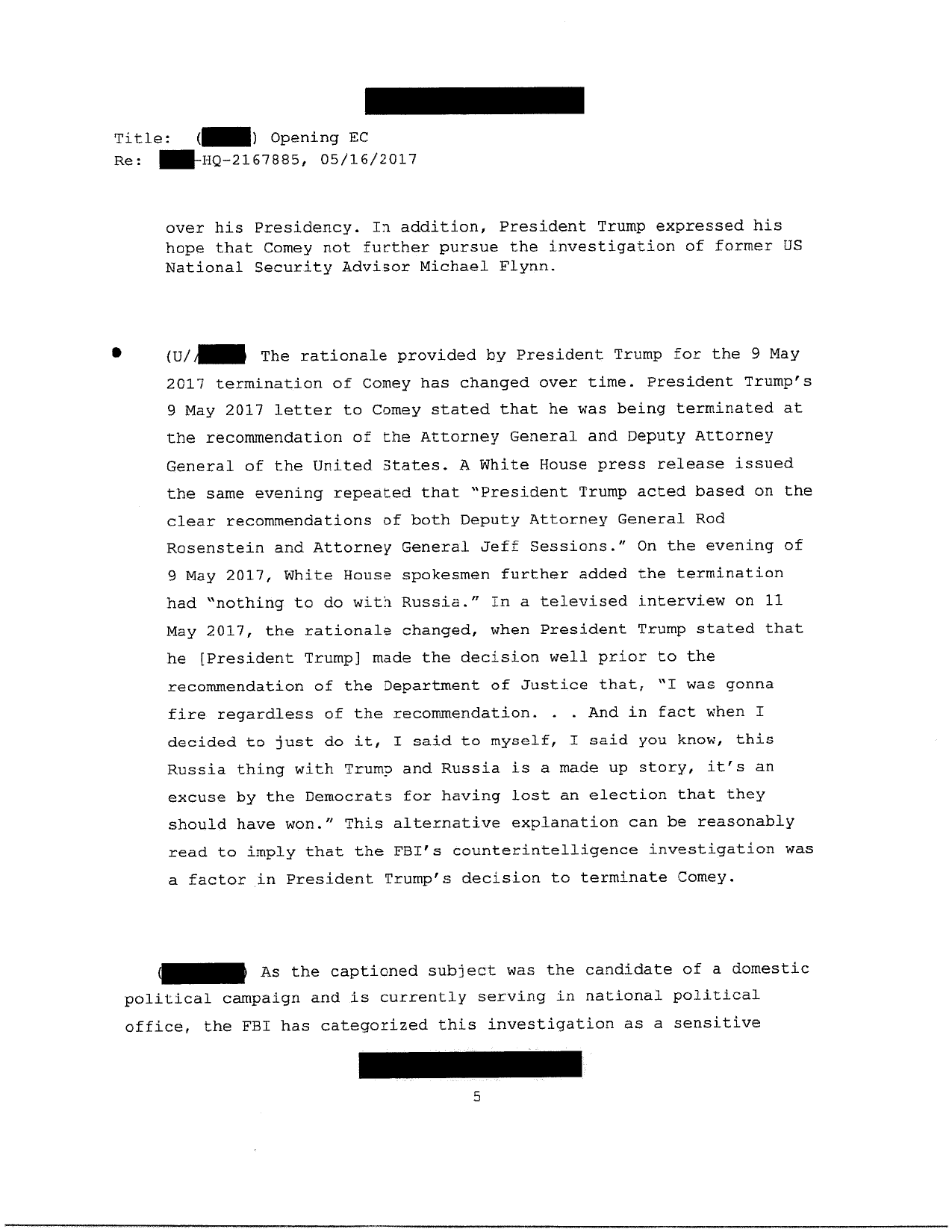 Page 5 of the OXFERD COMMA opening EC, quoting President Trump's May 11, 2017 interview with Lester Holt: 'I was gonna fire regardless of the recommendation... And in fact when I decided to just do it, I said to myself, I said you know, this Russia thing with Trump and Russia is a made up story,' and stating this alternative explanation can be reasonably read to imply the counterintelligence investigation was a factor in the decision to terminate Comey