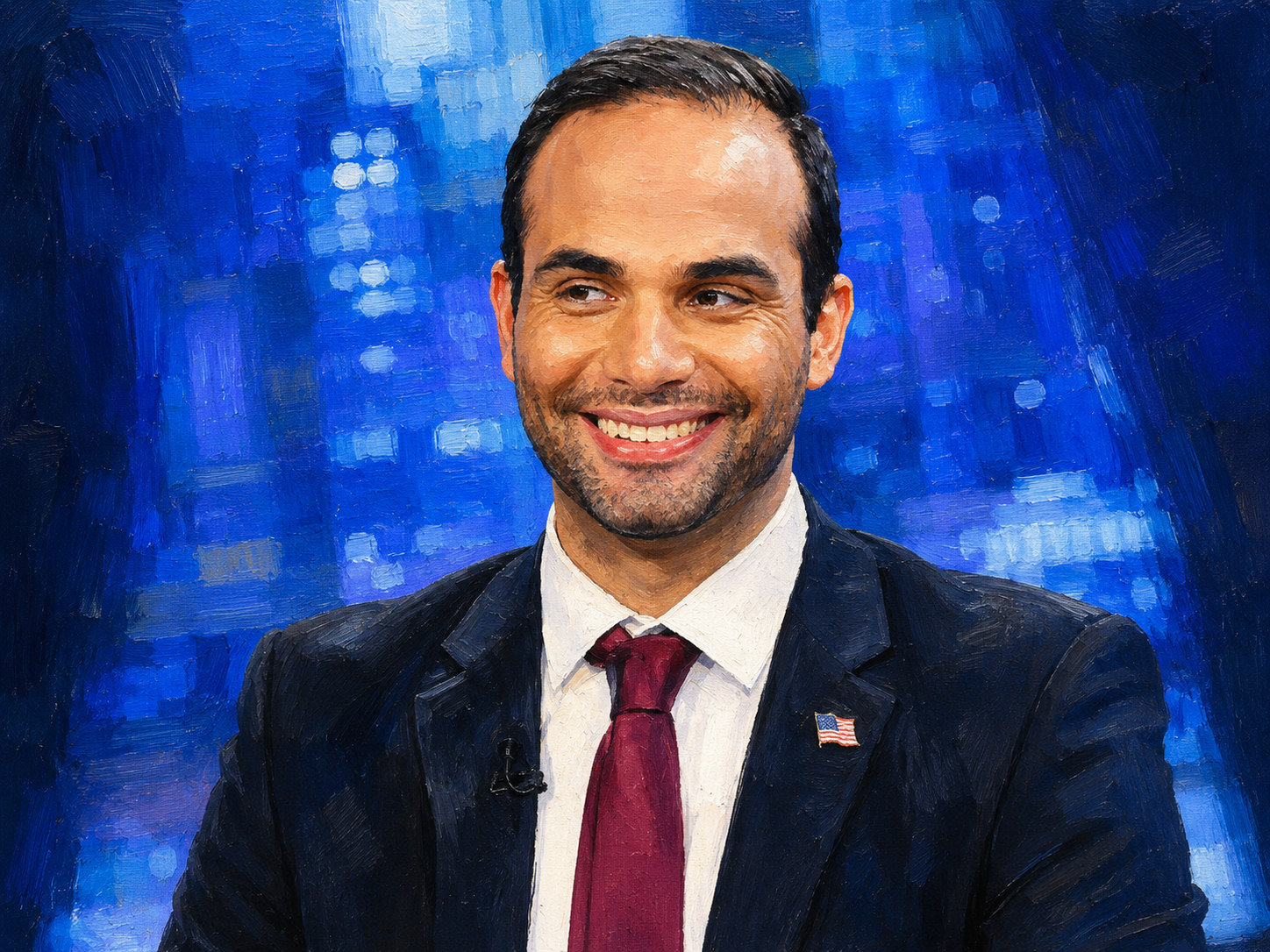 Illustration portrait of George Papadopoulos, the junior Trump campaign foreign policy adviser whose May 2016 conversation with an Australian diplomat became part of the factual basis cited in the Oxferd Comma opening memo