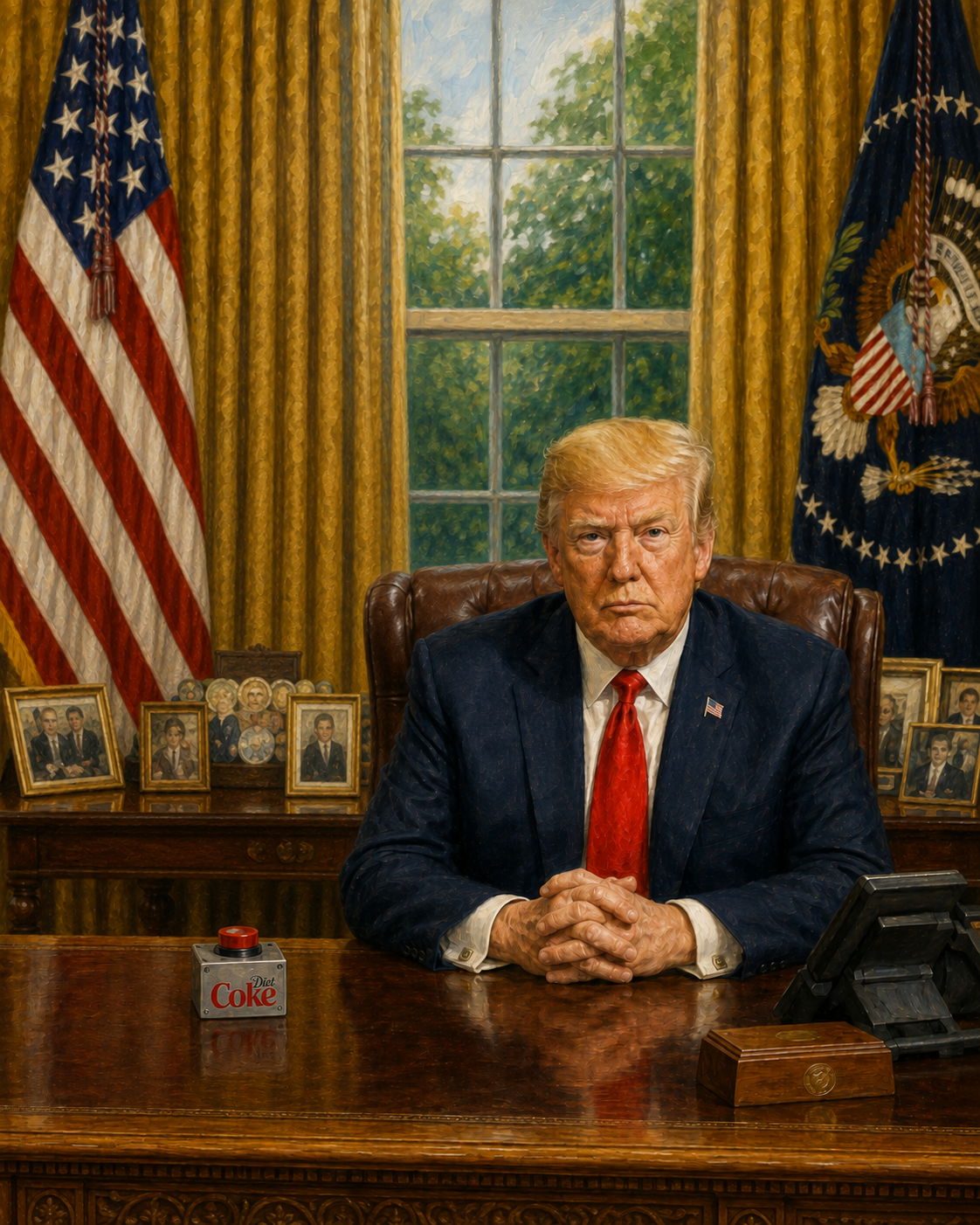 Illustration portrait of President Donald Trump seated at the Resolute Desk in the Oval Office