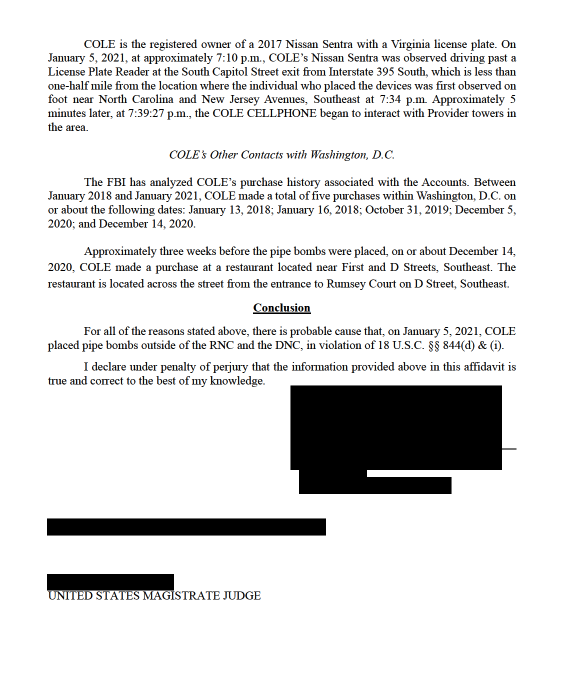 The final page of the FBI affidavit against Brian Cole Jr., describing his Nissan Sentra passing a license plate reader at the South Capitol Street exit at 7:10 p.m., his phone interacting with towers at 7:39:27 p.m., five purchases in Washington between 2018 and 2021, and a December 14, 2020 purchase at a restaurant across from Rumsey Court, followed by the conclusion that there is probable cause and the redacted signatures of the agent and the magistrate judge