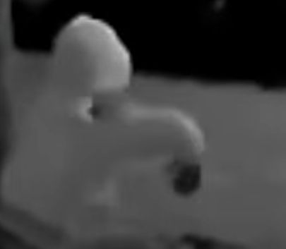 An even tighter, heavily pixelated grayscale crop of the suspect's hooded head and raised arm, reduced to smooth blobs of light and shadow with a dark shape near the hand