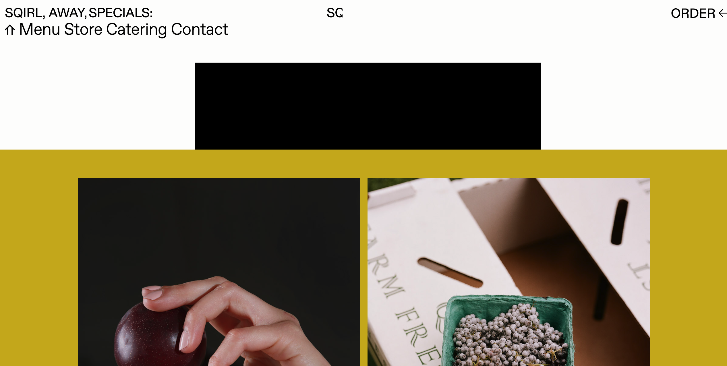 Screenshot of the Sqirl Away specials page, showing a hand holding a plum and a crate of farm fresh produce