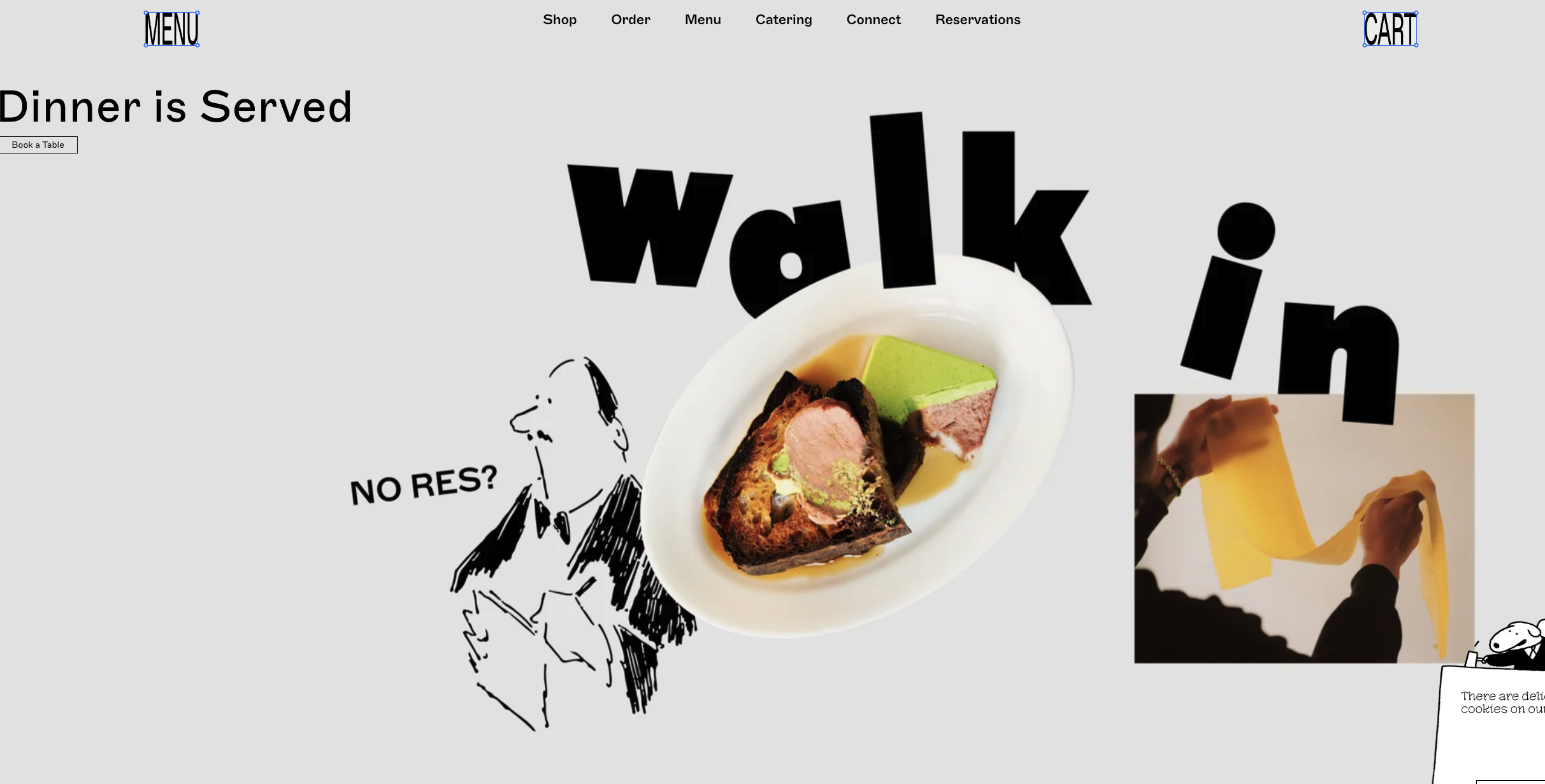 Screenshot of the Sqirl dinner page, reading Dinner is Served and Walk In, with a plate of foie gras toast