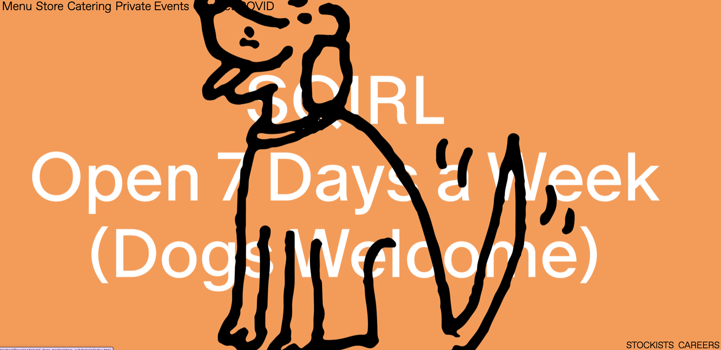 Screenshot of the Sqirl homepage, showing a hand drawn dog illustration over the words Open 7 Days a Week, Dogs Welcome