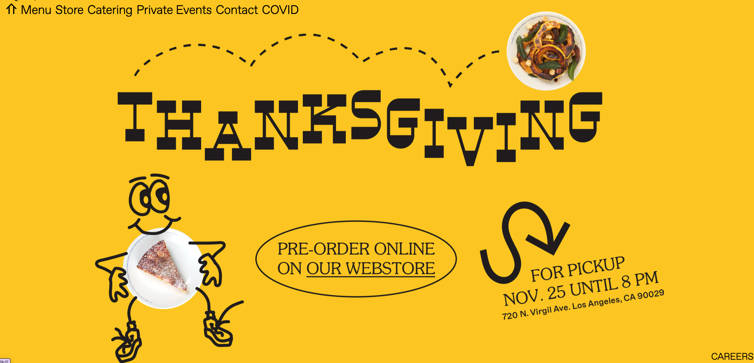 Screenshot of a Sqirl Thanksgiving promotional banner with a hand drawn character holding a slice of pie