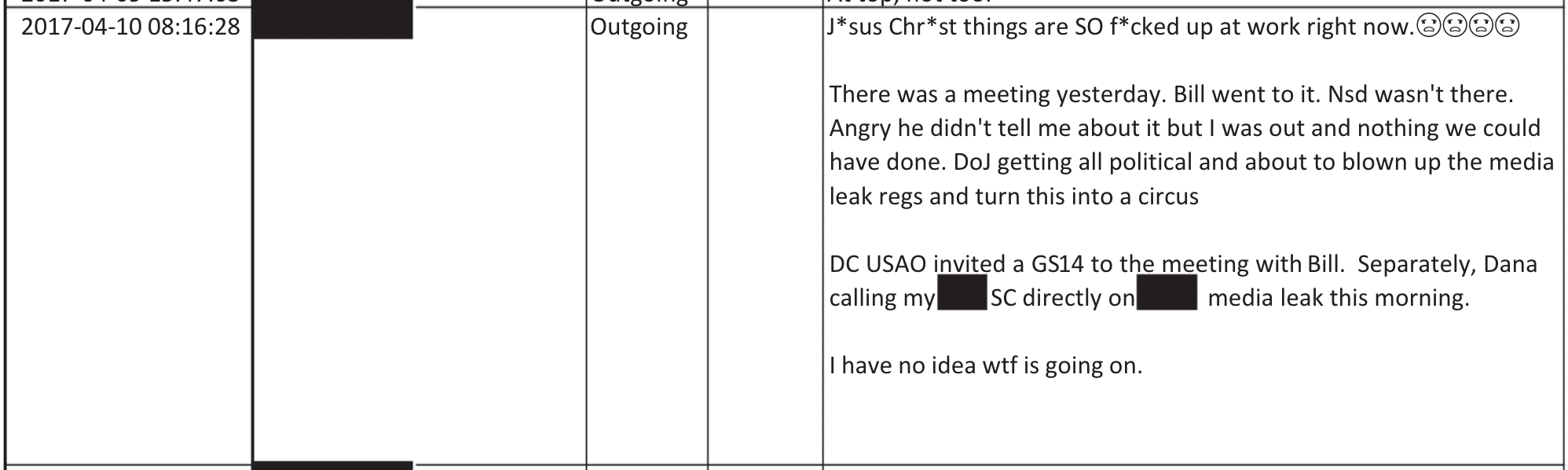 Text message from April 10, 2017, 08:16:28, in which Strzok tells Page 'DoJ getting all political and about to blow up the media leak regs and turn this into a circus' and 'I have no idea wtf is going on'