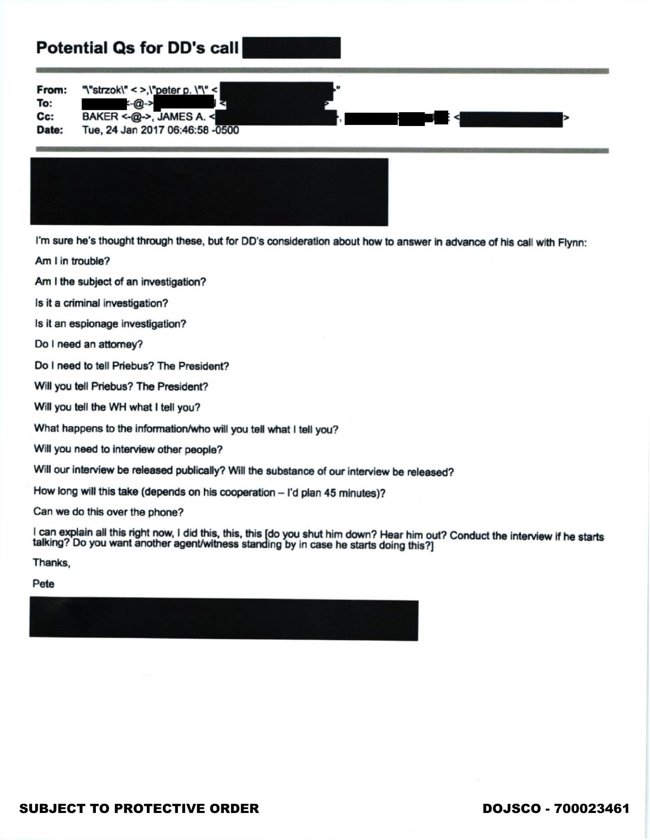 Email from Peter Strzok dated January 24, 2017, titled 'Potential Qs for DD's call,' listing questions Michael Flynn might ask including 'Am I in trouble?', 'Am I the subject of an investigation?', 'Is it a criminal investigation?', and 'Do I need an attorney?', signed 'Pete'