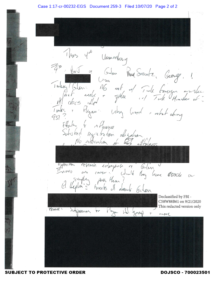 The same handwritten Gulen/Turkey notes dated 3/28/17, refiled October 7, 2020 as Document 259-3 in United States v. Michael Flynn and marked 'Subject to Protective Order'