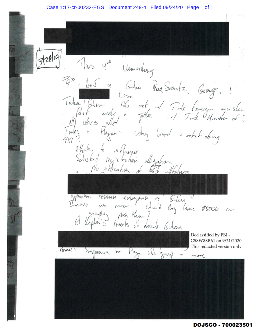 Handwritten notes dated 3/28/17, filed as an exhibit in United States v. Michael Flynn, discussing Turkey, Fethullah Gulen, Flynn's foreign lobbying registration obligations, and a $530,000 payment